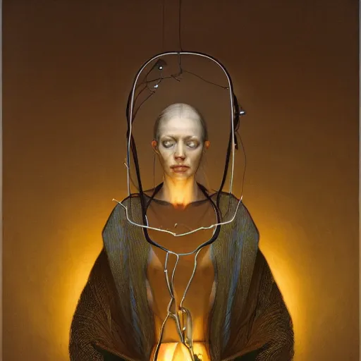 Prompt: Woman's portrait, Masterpiece, glass, flat background, glowing, wires everywhere, by Edgar Maxence and Ross Tran, Zdzisław Beksiński, and Michael Whelan, distant, gustav dore, H.R. Giger, 8k, octane render