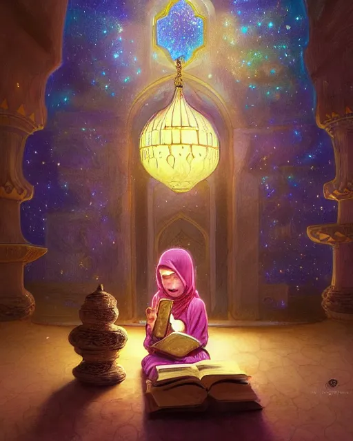 Image similar to bedouin child reading the quran inside of the mosque in the galaxy surrounded by nebula, highly detailed, gold filigree, romantic storybook fantasy, soft cinematic lighting, award, disney concept art watercolor illustration by mandy jurgens and alphonse mucha and alena aenami, pastel color palette, featured on artstation