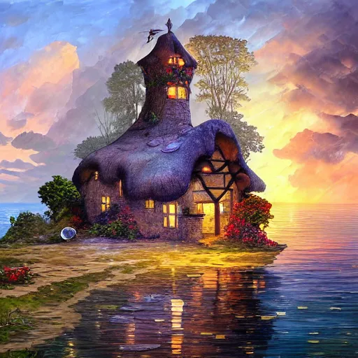 Image similar to cottage on hill cliff cryengine render by android jones, james christensen, rob gonsalves, leonid afremov and tim white