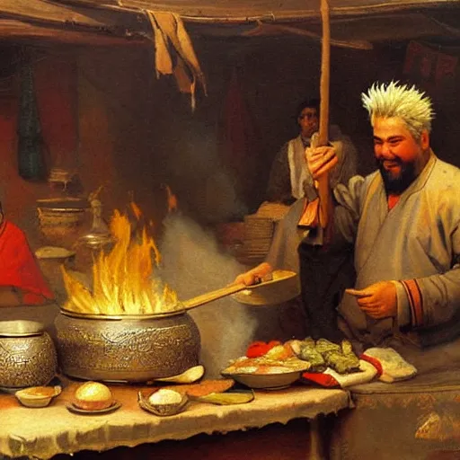 Prompt: orientalist painting of guy fieri cooking over a pot in the bazaar by jean - leon gerome and otto pilny and adrien henri tanoux