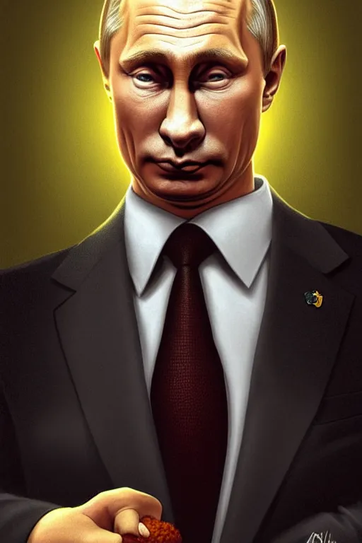 Image similar to vladimir putin as homer simpson from the simpsons, realistic portrait, symmetrical, highly detailed, digital painting, artstation, concept art, smooth, sharp focus, illustration, cinematic lighting, art by artgerm and greg rutkowski and alphonse mucha