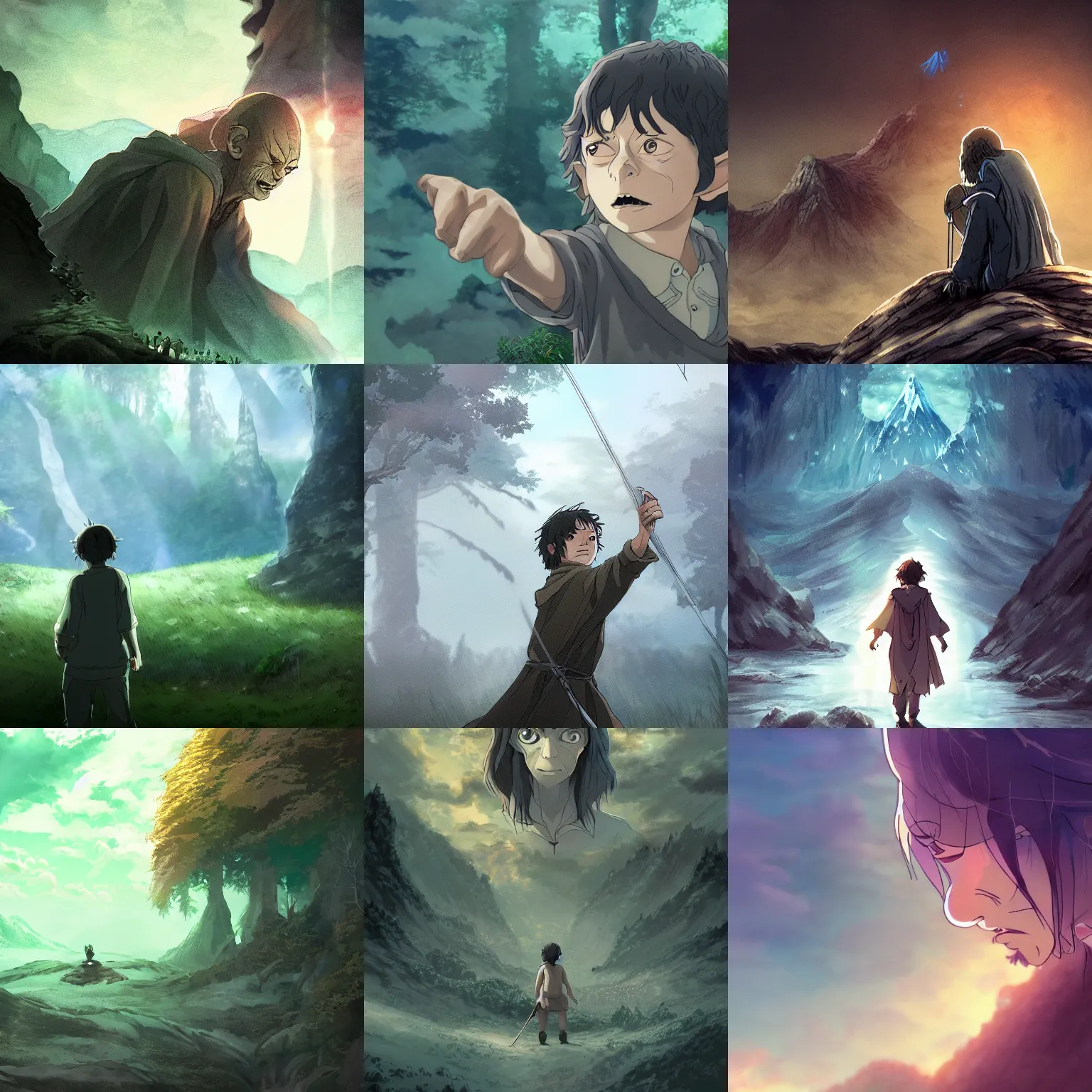 Prompt: the lord of the rings, gollum, forrest, particles, illustration, digital art, hdr, style of studio ghibli, makoto shinkai, wit studio