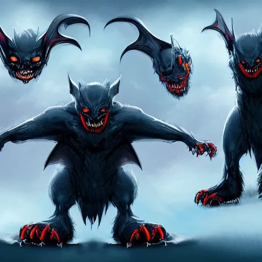 Image similar to front and back character view of scary, giant, mutant, mutated, dark blue humanoid bat, glowing red eyes, flying above a stormy ocean, sharp teeth, acid leaking from mouth, realistic, giant, bat ears, bat nose, bat claws, bat wings, furred, covered in soft fur, detailed, trending on artstation clean concept art and sheet that using unreal engine 5 render and hyper detailed 3D texture with cinematic software light 85mm f/1.4