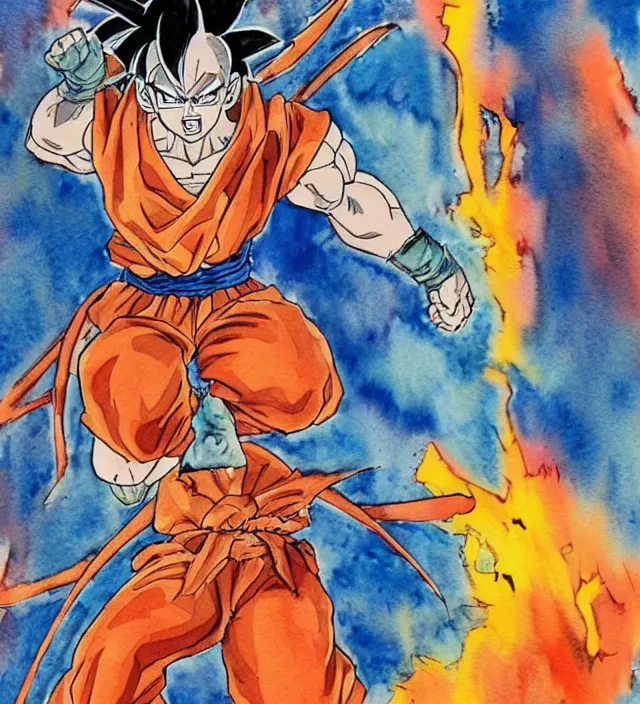 Prompt: a 3 / 4 view watercolor ink painting of goku as a superhero in the style of jean giraud in the style of moebius trending on artstation deviantart pinterest detailed realistic hd 8 k high resolution