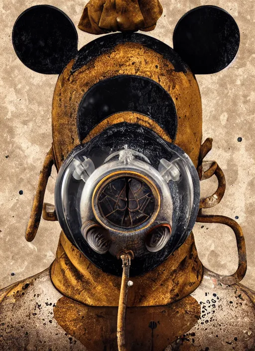 Image similar to mickey mouse, gas mask, fractal, leathery, wet, broken, melting, rococo, mycelium, baroque, sumerian, radiant alien, magic kingdom, octane render, high detail