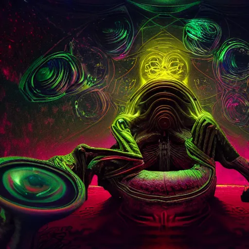 Prompt: Wide angle photo, Psychedelic Alien with psychedelic mushroom, Dark Neon colored Universe, cosmic entities, sacred geometry, space krakens by H.R, Giger, octane render trending on artstation HD