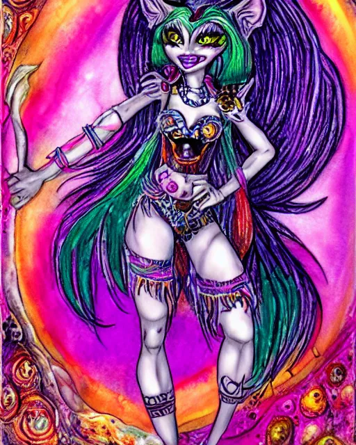 Prompt: josephine wall watercolor drawing of a monster high universe clawdeen warewolf woman fierce neon sexy fullmoon