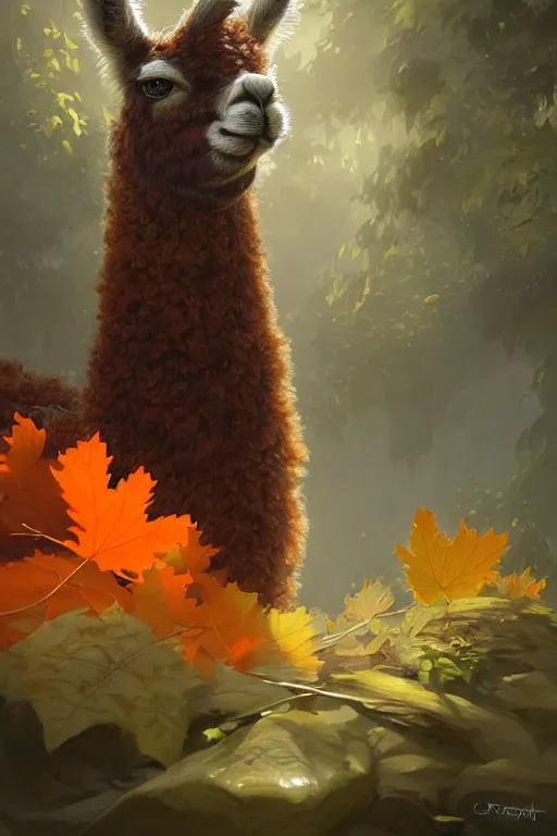 Prompt: beautiful digital painting of anthro llama, orange oak leaves, D&D, fantasy, intricate, anthro, cinematic lighting, highly detailed, digital painting, Artstation, anthro concept art, smooth, sharp focus, illustration, llama art by Artgerm and Greg Rutkowski and Rossdraws