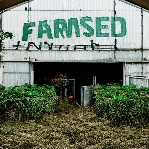 Image similar to a farm inside an abandoned car parking building, concrete, overgrown plants, neon, photo by greg girard