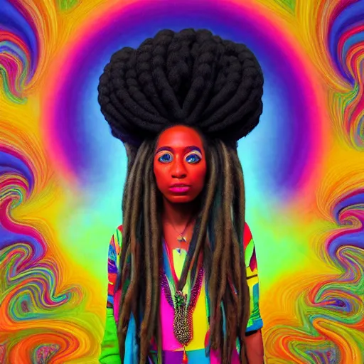 Image similar to a wide angle shot of a black girl with colorful dreadlocks in a field of candy, by Adi granov and afarin sajedi and amanda sage and evgeni gordiets and Agostino Arrivabene and adonna khare in a psychedelic portrait style, ultrarealistic matte painting, volumetric lighting, fractal, extremely symmetrical, highly detailed face, orisha, 8k, hd