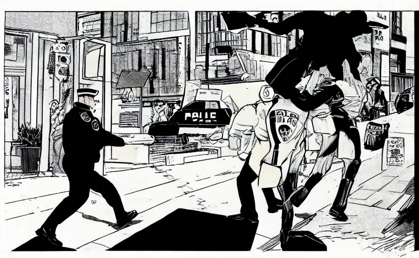 Image similar to a police officer leading a raccoon into the police station by howard chaykin