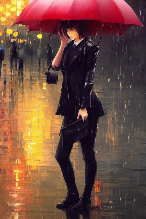 Image similar to A ultradetailed beautiful panting of a stylish girl with an umbrella, rainy day, Oil painting, by Ilya Kuvshinov, Greg Rutkowski and Makoto Shinkai