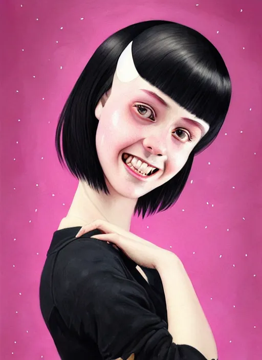 Image similar to portrait of high school girl, realistic, black hair, bangs, half updo hairstyle, pointy nose, skinny, smile, ugly, defined jawline, big chin, pink hair bow, earrings, intricate, elegant, glowing lights, highly detailed, digital painting, artstation, sharp focus, illustration, art by wlop, mars ravelo and greg rutkowski