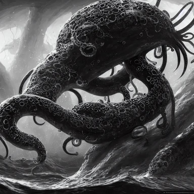 Prompt: black and white, returnal biome, sea enemies, extra teeth, tentacles, highly detailed, digital painting, artstation, concept art, sharp focus, illustration, unreal engine 5, 8 k