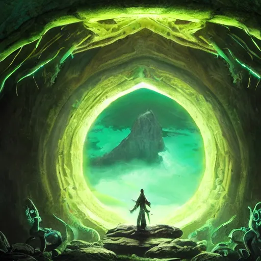 Prompt: a scary portal glowing green portal to another world in darwin's arch in the galapagos islands, elden ring landscape, d & d, fantasy, intricate, elegant, highly detailed, digital painting, artstation, concept art, matte, sharp focus, illustration, art by hayao miyazaki