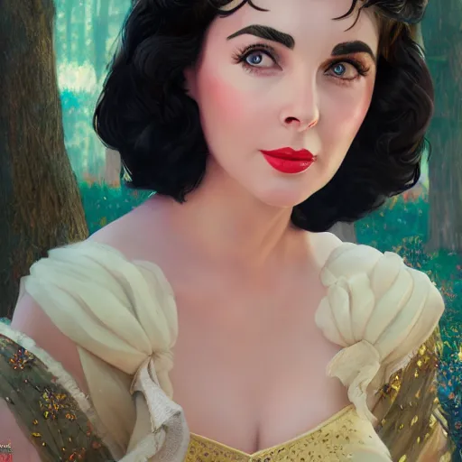 Image similar to elizabeth taylor as snow white, au naturel, hyper detailed, digital art, trending in artstation, cinematic lighting, studio quality, smooth render, unreal engine 5 rendered, octane rendered, art style by klimt and nixeu and ian sprigger and wlop and krenz cushart