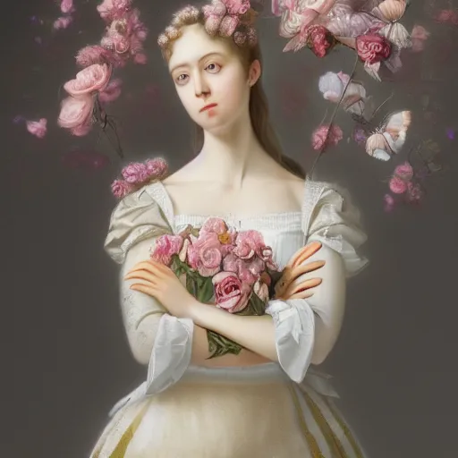 Image similar to 8k, octane render, realism, tonalism, renaissance, rococo, baroque, portrait of a young lady wearing long white and pale grey manga dress with flowers and skulls, background chaotic gold leaf flowers