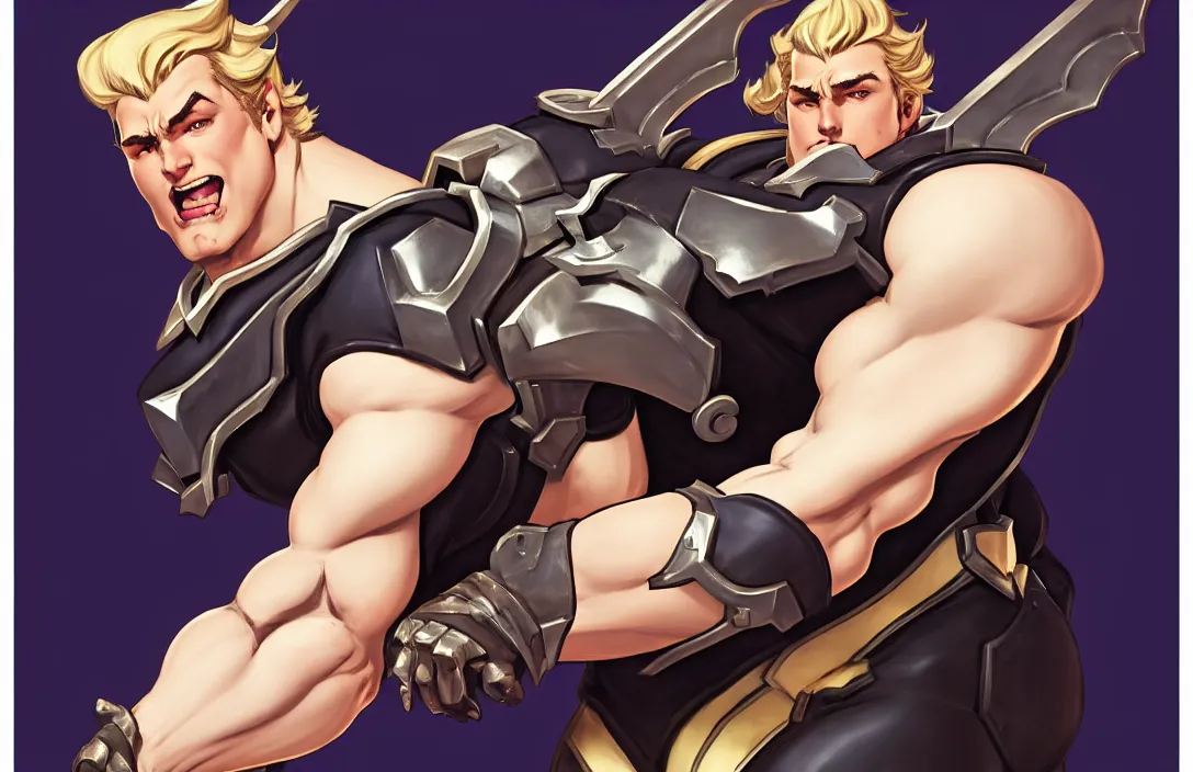 Prompt: pinup poster of Reinhardt Overwatch by J.C Leyendecker and Peter Paul Rubens, porcelain white skin, tight black tank top and shorts, voluptuous male, long luxurious light blond hair, long fluffy blond hair, league of legends splash screen, hyper detailed background, 4K, artstation
