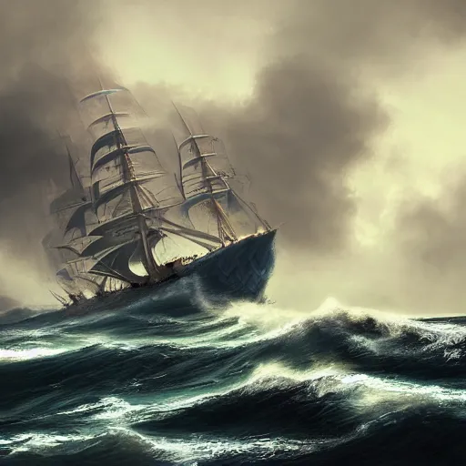 Image similar to A large ship sailing through stormy seas, with waves crashing against its sides, illustration, epic, fantasy, hyper detailed, smooth, unreal engine, sharp focus, trending on artstation