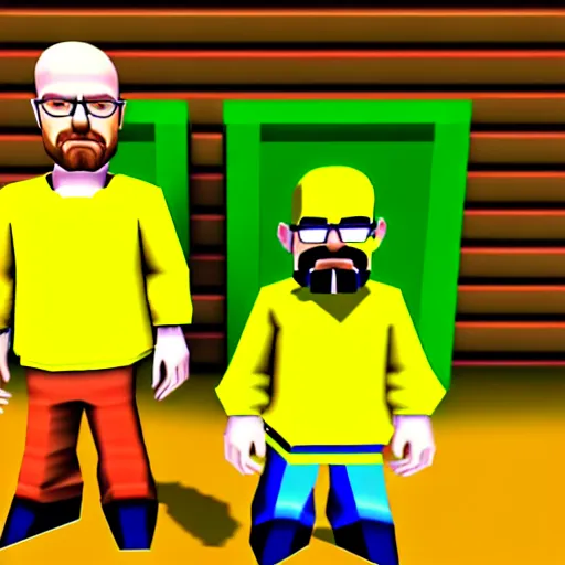 Image similar to jesse pinkman and walter white making meth minigame, nintendo 6 4 screenshot, low poly, aliased