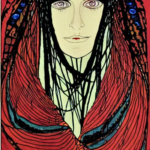 Image similar to illustration of a woman's face from front in style of harry clarke