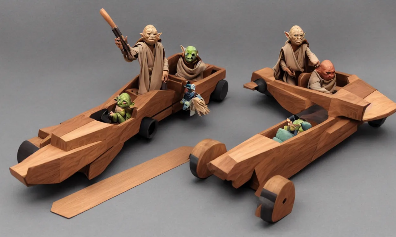 Image similar to wooden jedi, speeder piloted by yoda, wooden board, mahogany, tatooine, nordic pastel colors, perfect lightning