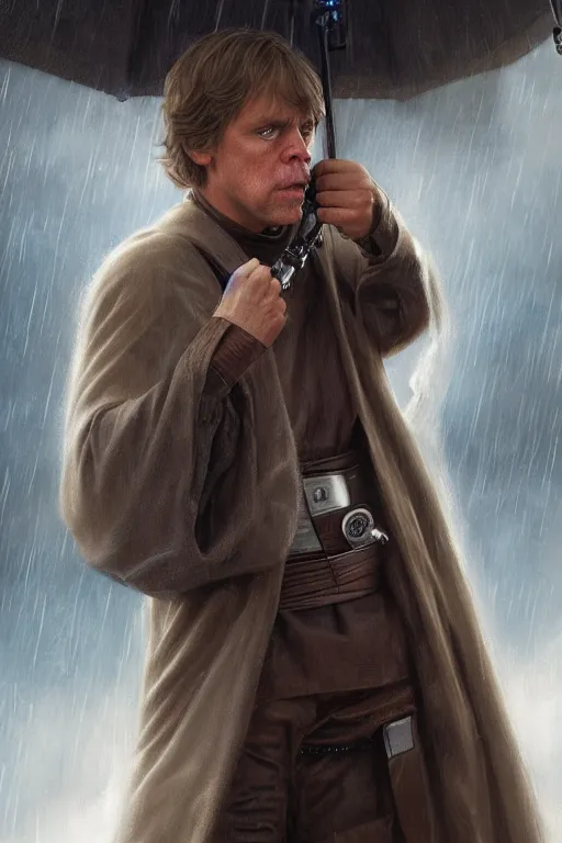 Image similar to luke skywalker crying in the rain, detailed, 8 k, trending on artstation, smooth, sharp focus artwork by mark arian, artgerm, mark keathley, greg rutkowski