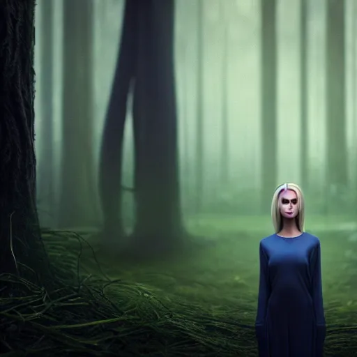 Prompt: hyperrealistic photo portrait painting of a beautiful ghost woman with blond hair with an alien, futuristic sci-fi forest on background by gerald and andrei tarkovsky, wide angle, minimalistic cinematic composition, octane render, bokeh, unreal engine, 4k 3d render, rich moody colours