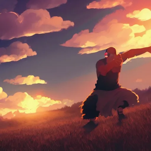 Prompt: a bearded man with shaved head screaming at a soccer ball, golden hour, dreamy, beautiful clouds, ultra detailed beautiful lighting, birds, light rays, wallpaper, suburbs, beautiful artwork by Makoto Shinkai,