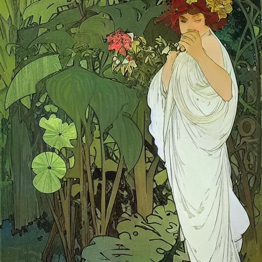 Image similar to elegant woman, white dress, dense jungle, trees, huge flowers, by alphonse mucha
