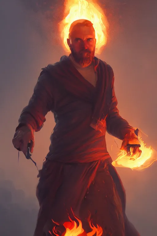 Image similar to portrait, male pyromancer summening a fire portal , dynamic lighting, volumetric, bokeh, cinematic, establishing shot, extremly high detail, photo realistic, cinematic lighting, post processed, concept art, artstation, matte painting, style by eddie mendoza, raphael lacoste, alex ross