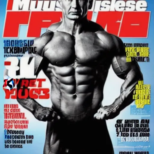 Image similar to vladimir putin on the cover of muscle and fitness, hyper realism, 8 k,