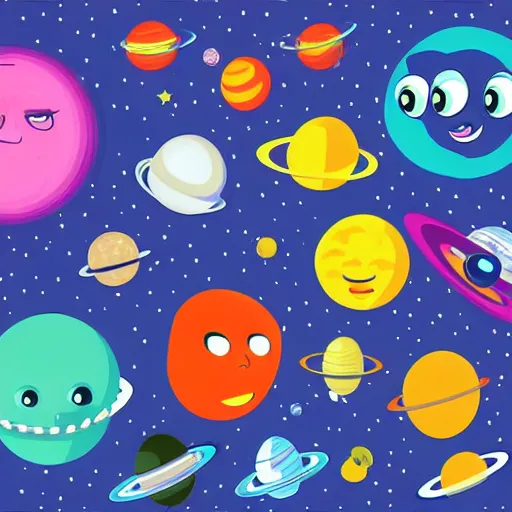 Image similar to outer space view of living planets with cartoon faces, style by kurzgesagt and pixar and dreamworks and disney