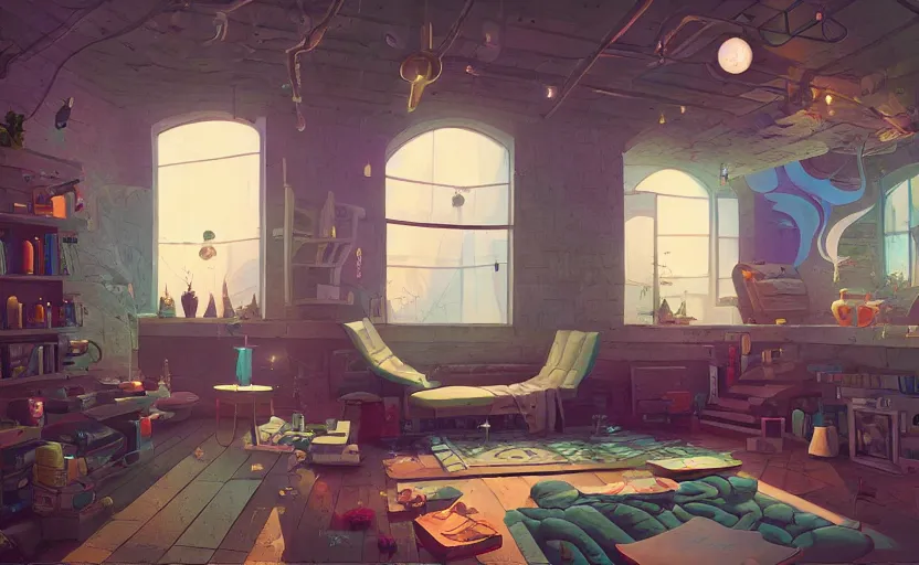 Image similar to Interior shot of a cozy loft by Petros Afshar and Beeple, James Gilleard, Mark Ryden, Wolfgang Lettl highly detailed