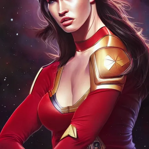 Prompt: ultra realistic illustration, megan fox as star trek captain wearing red shirt anime, intricate, elegant, highly detailed, digital painting, artstation, concept art, smooth, sharp focus, illustration, art by artgerm and greg rutkowski and alphonse mucha and wlop