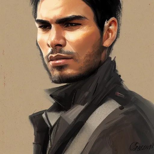 Prompt: portrait of a handsome peruvian man by greg rutkowski, he is about 3 0 years old, short black hair with bangs, very tall and slender, he is wearing a beige and black utility jumpsuit, highly detailed portrait, digital painting, artstation, concept art, smooth, sharp focus ilustration, artstation hq