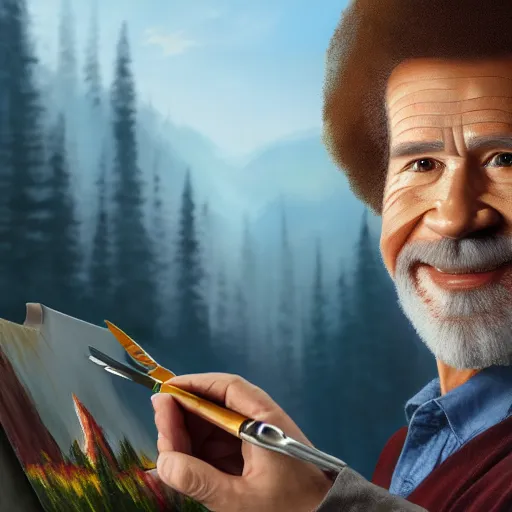 Image similar to a closeup photorealistic photograph of bob ross holding a paintbrush and diligently finishing a canvas painting of iron man. mountains and trees. film still. brightly lit scene. this 4 k hd image is trending on artstation, featured on behance, well - rendered, extra crisp, features intricate detail, epic composition and the style of unreal engine.