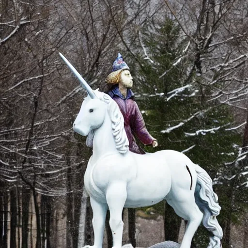 Image similar to of a statue of god riding a unicorn while wearing a jacket on a snowy day