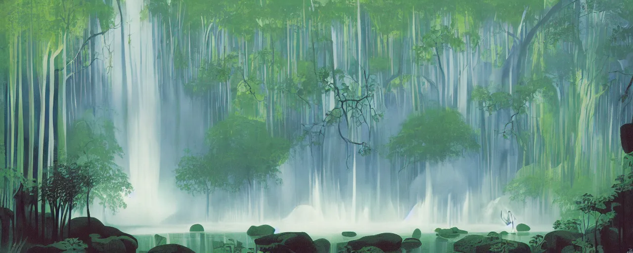 Prompt: deep forest, rainbow river waterfall, water mists, subtle color variantions, summer rain, gentle mists, a white robed benevolent magician clothed in a royal garment casts a benevolent white magic spell, by Eyvind Earle and Mary Blair