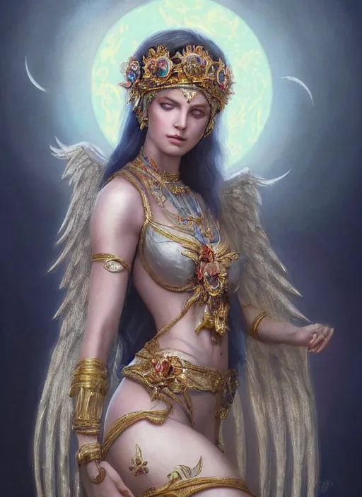 Image similar to A beautiful digital painting of a female Seraphim full of jewels, princess, the moon behind her, intricate, cinematic lighting, highly detailed, digital painting, Artstation, concept art, smooth, sharp focus, illustration, art by Tom Bagshaw, Artgerm and Greg Rutkowski