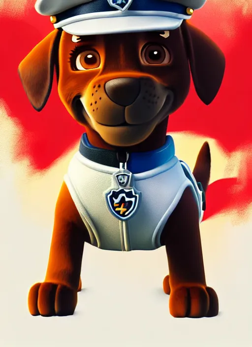 Image similar to highly detailed closeup of chase from paw patrol, puppy with police uniform and hat by atey ghailan, by greg rutkowski, by greg tocchini, by james gilleard, by joe fenton, by kaethe butcher, gradient, red, gold, black, brown and white color scheme, grunge aesthetic!!! white graffiti tag wall background
