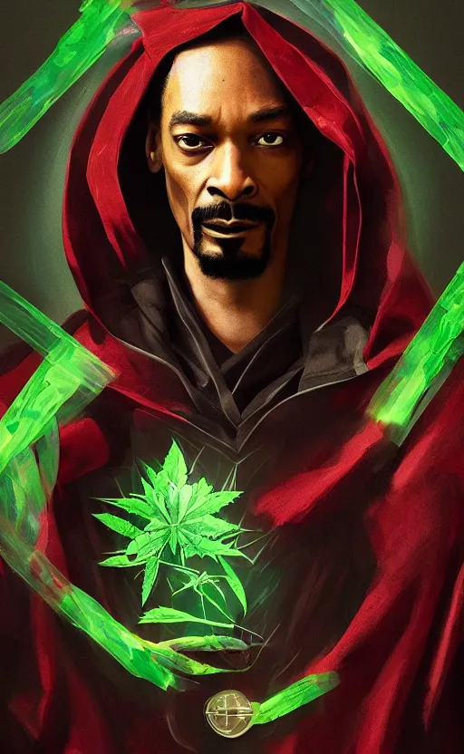 Image similar to snoop dogg as doctor strange, long shadow, green colors, marijuana leaves, marijuana, by greg rutkowski, artstation