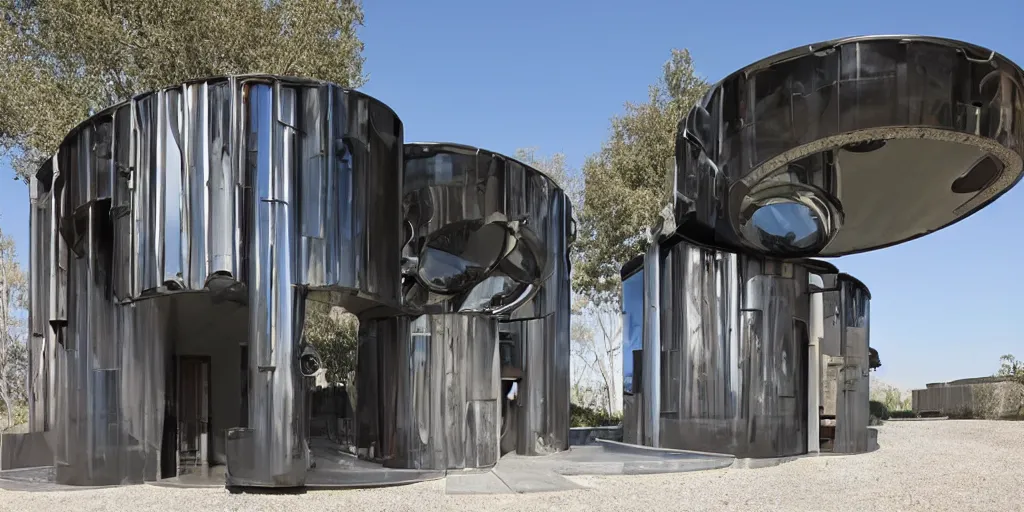 Image similar to futuristic residence, made of corrogated steel half tubes