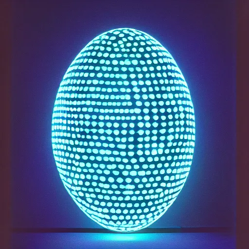 Image similar to annie liebowitz portrait of a plasma energy tron dinosaur egg in the shape of a random geometric shape, made up of glowing electric plates and patterns. cinestill