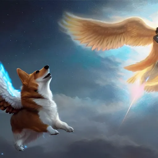 Prompt: corgi with [ angelic wings ]!!, [ flying like a superhero ]!! in the [ night sky ]!! where the stars are visibly perceptible, [ realistic photo ]!!, [ illustrated by greg rutkowski ]!!, trending on artstation