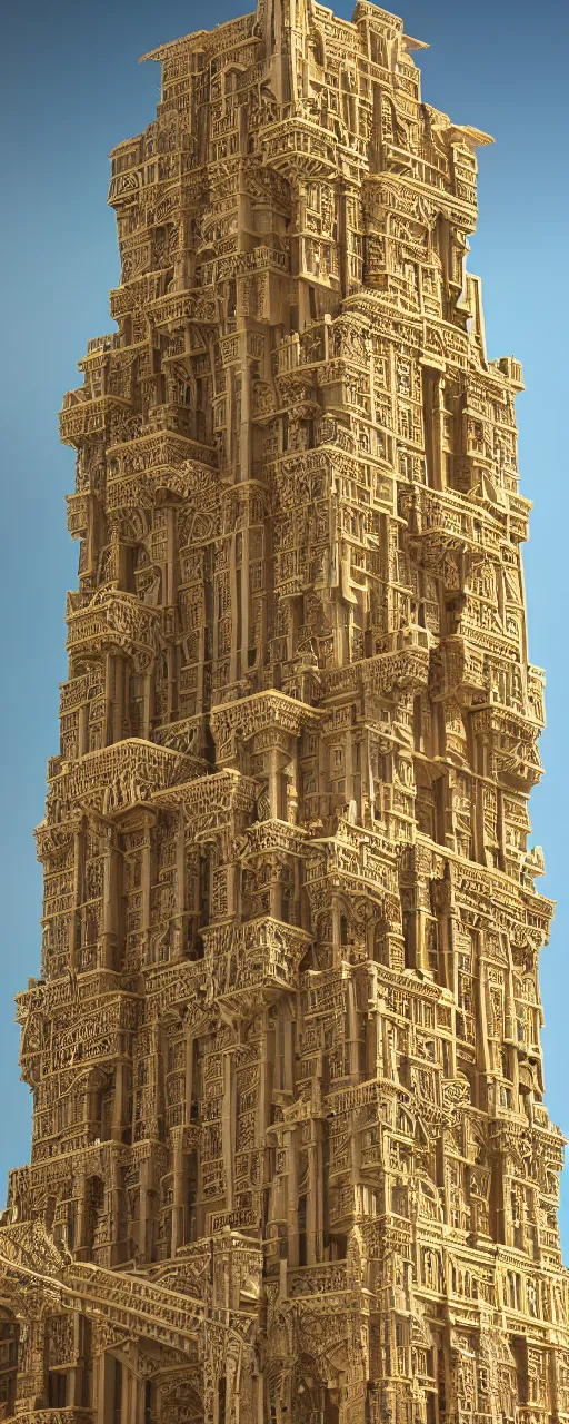 Image similar to photorealistic photo a contemporary babylon tower, golden intricate details, stone facade, sacred ancient architecture, cascading highrise, arid mountains with lush palm forest, sunlight, post - production, octane, cgi, sfx