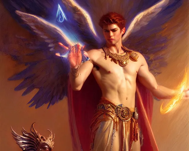 Prompt: attractive angel male deity, casting magic, summoning handsome lucifer morning star. highly detailed painting by gaston bussiere, craig mullins, j. c. leyendecker 8 k