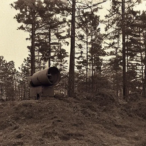 Image similar to film still of a military compound during ww 2 in the forest, big anti aircraft gun between 2 buildings, trenches dug around the perimeter, filmgrain, zeiss lens, redshift, octane, foggy diffused lighting