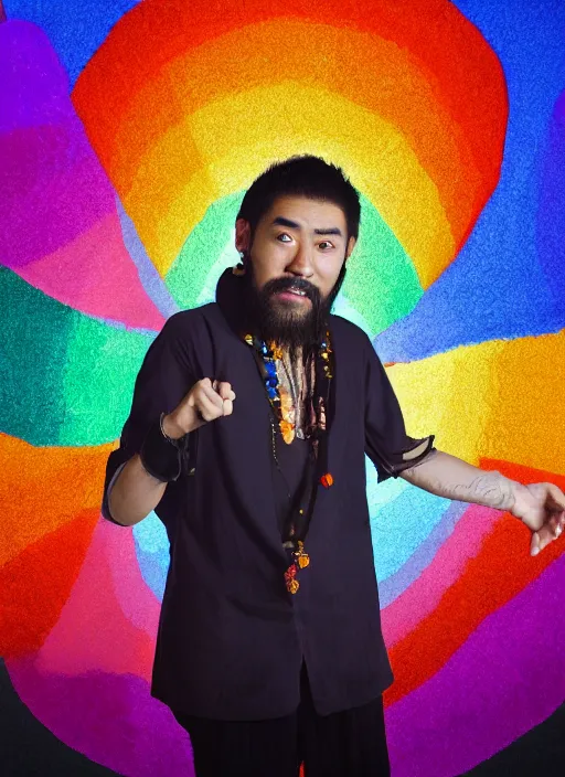 Image similar to japanese man with short hair and a beard wearing a native indian outfit, dancing next to a rainbow, full body portrait, dynamic lighting