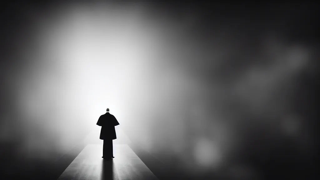 Image similar to a priest stands in front of the crowd on the podium, fog, volumetric lighting, mystique, atmospheric, sharp focus, ultra detailed, noir art house, 4 k, cinematic, 3 5 mm